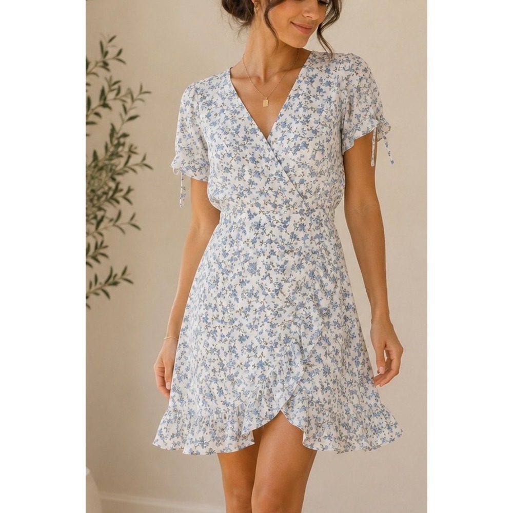 IN San Francisco Blue Floral Faux Wrap Dress Short High Low Ruffle Hem Size S